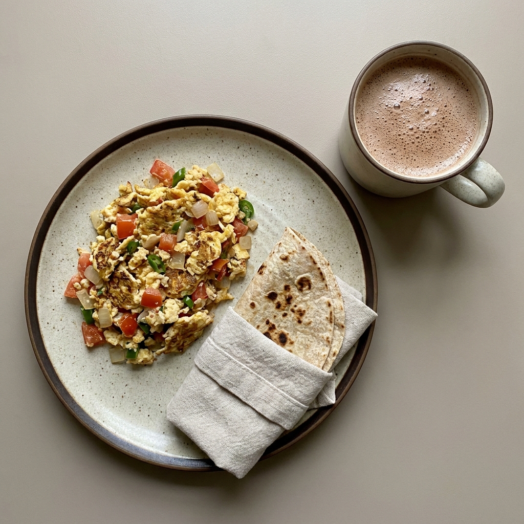 Huevos a la mexicana con tortillas de harina y chocolate caliente