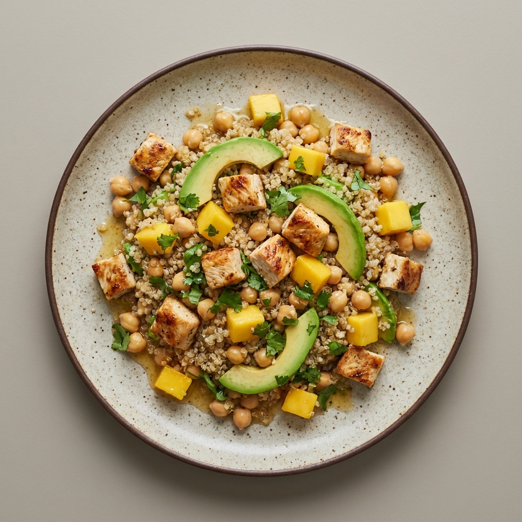 Ensalada de garbanzo y quinoa con pollo, mango y aguacate, con aderezo de miel y limón
