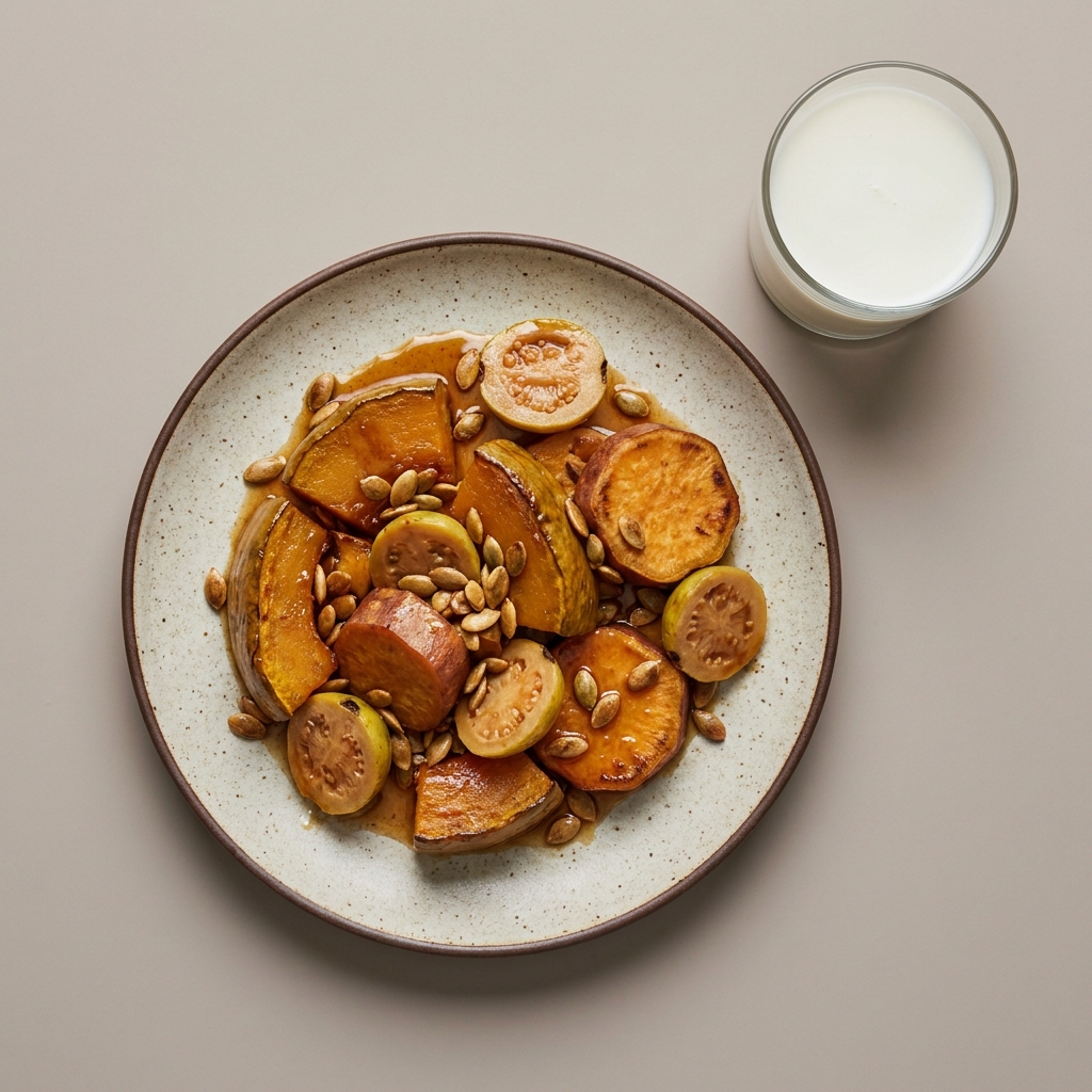 Calabaza, camote, guayaba con miel y pepitas, con un vaso de leche