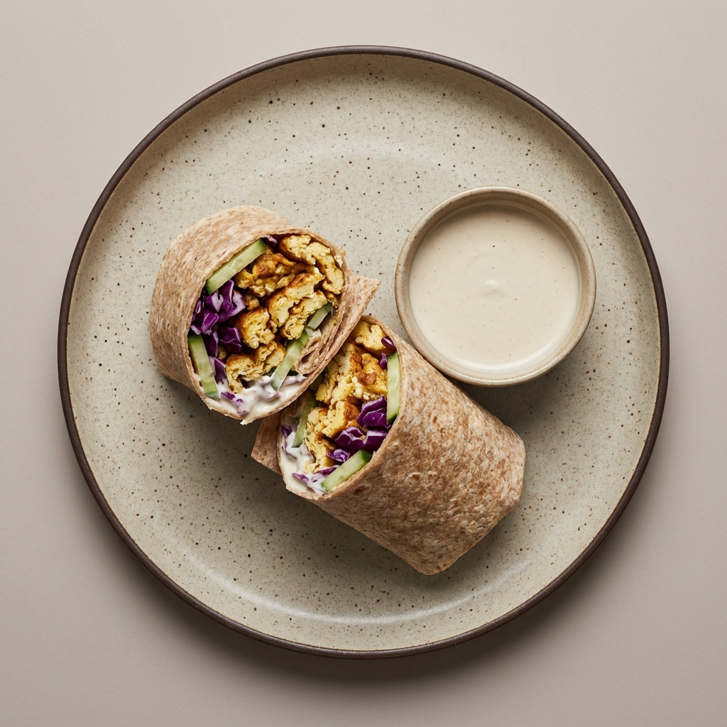 Wrap de huevo con col morada y pepino, en salsa de yogurt con tahini