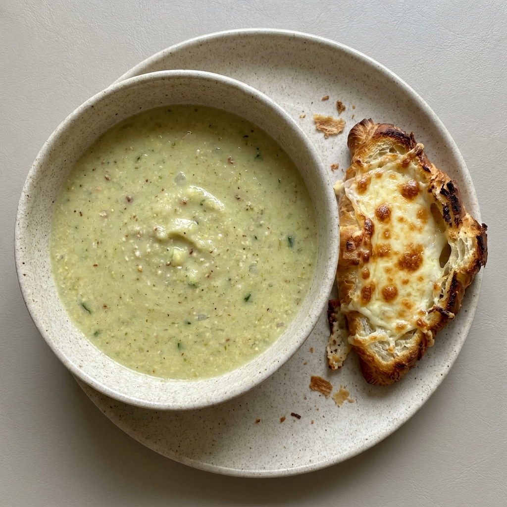 Crema de calabacita con almendra y croissant gratinado con queso mozzarella
