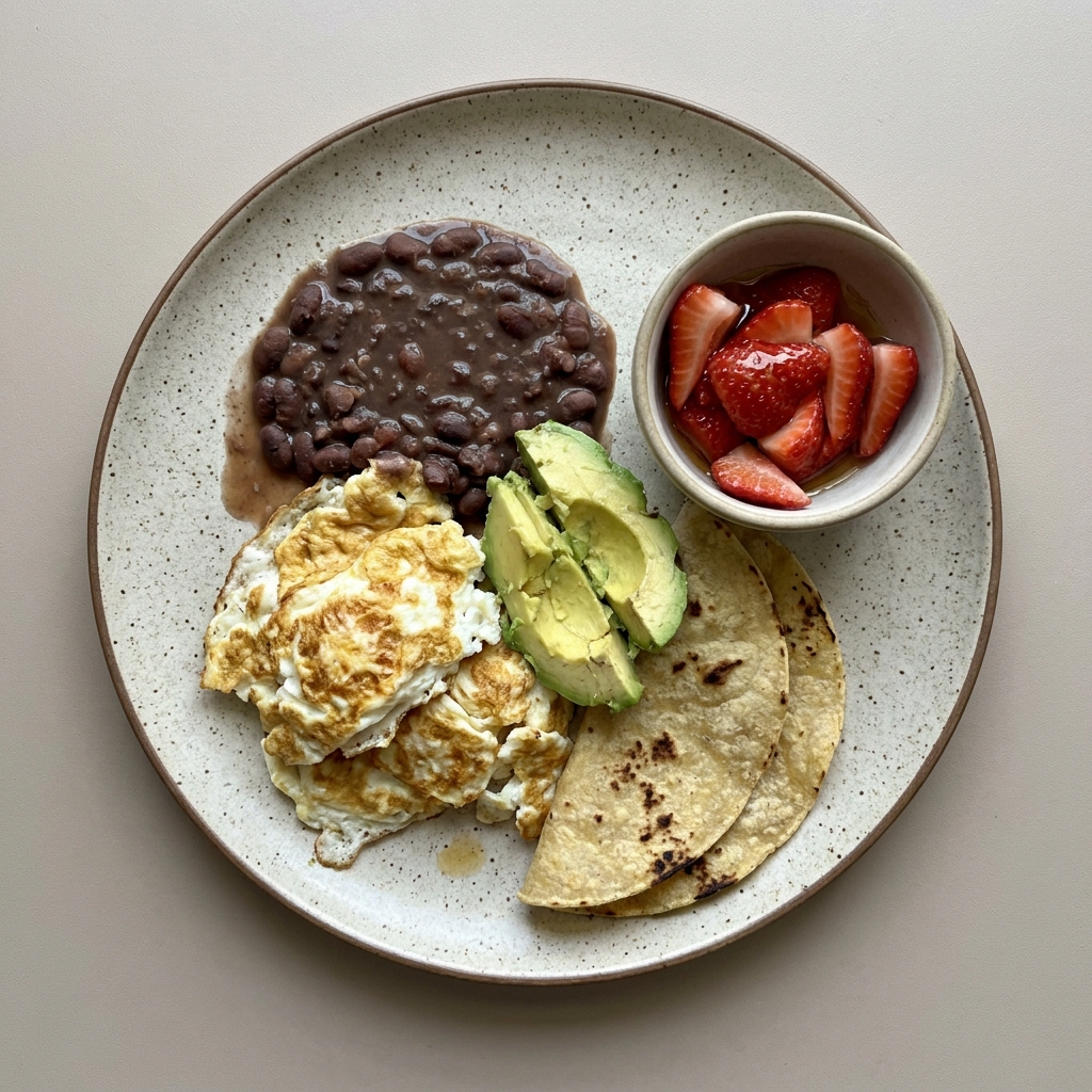 Claras revueltas con frijoles,aguacate y tortillas, con bowl de fresas con miel