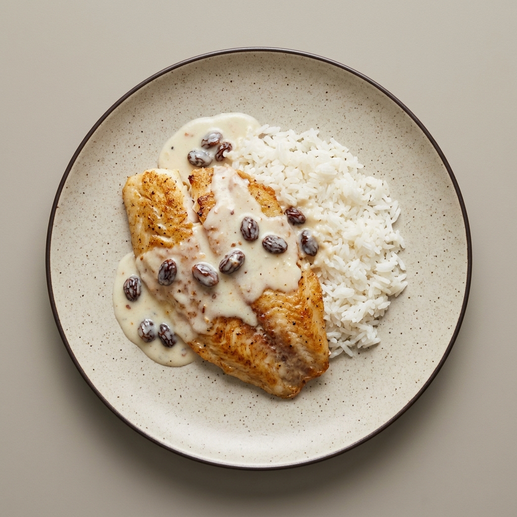 Tilapia en salsa blanca de almendra con pasitas y arroz