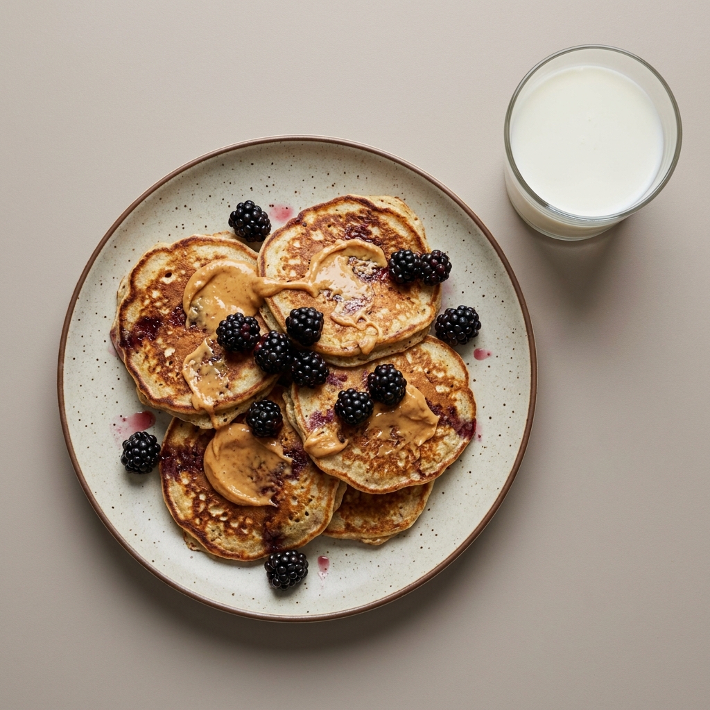 Hotcakes de avena de claras con moras y crema de cacahuate, con vaso de leche