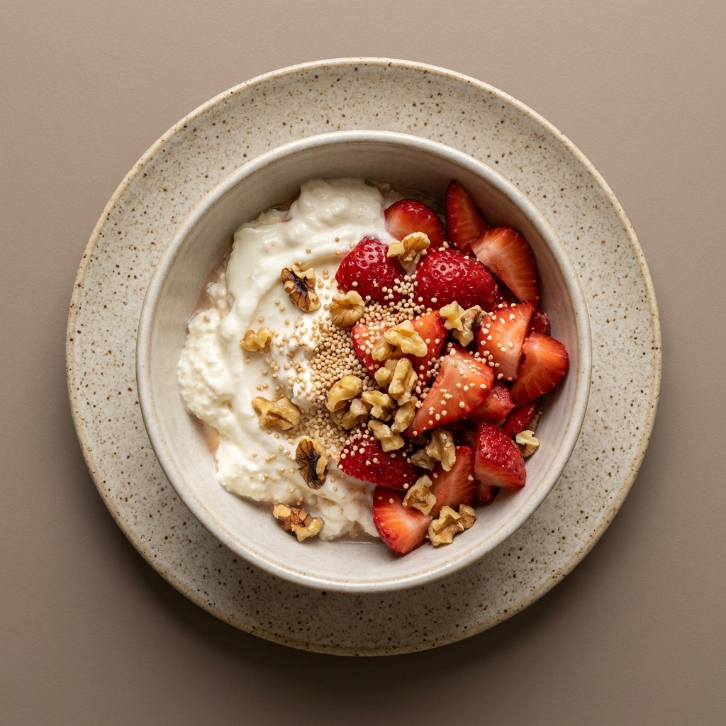 Bowl de yogurt con requesón, fresa, amaranto y nuez