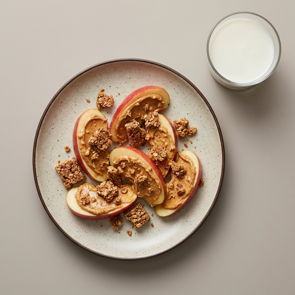 Manzana con crema de cacahuate y barra de granola, con vaso de leche