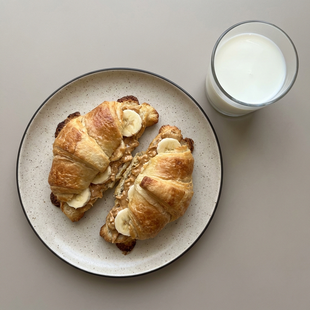 Cuernitos con crema de cacahuate y plátano, con vaso de leche
