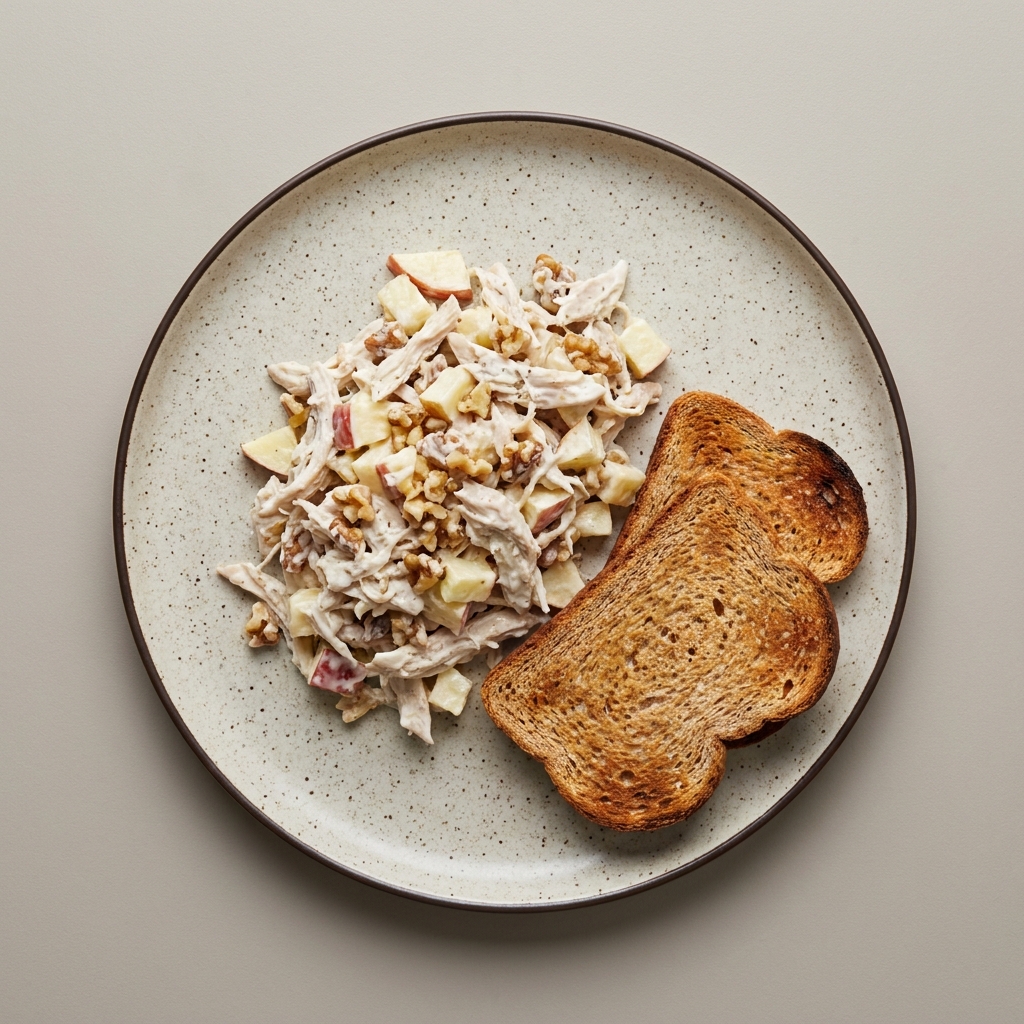 Ensalada cremosa de pollo, manzana y nuez con pan integral tostado