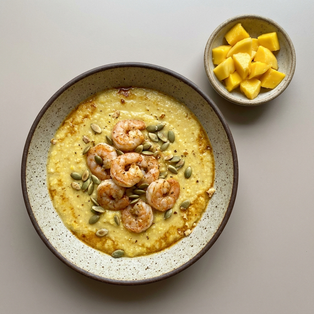 Crema de elote con camarones, pepitas y bowl de mango picado