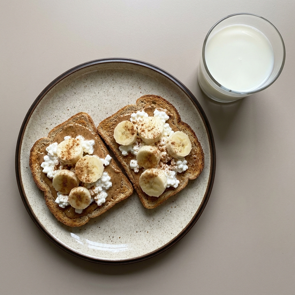 Pan tostado con queso cottage, plátano y crema de almendra, con vaso de leche