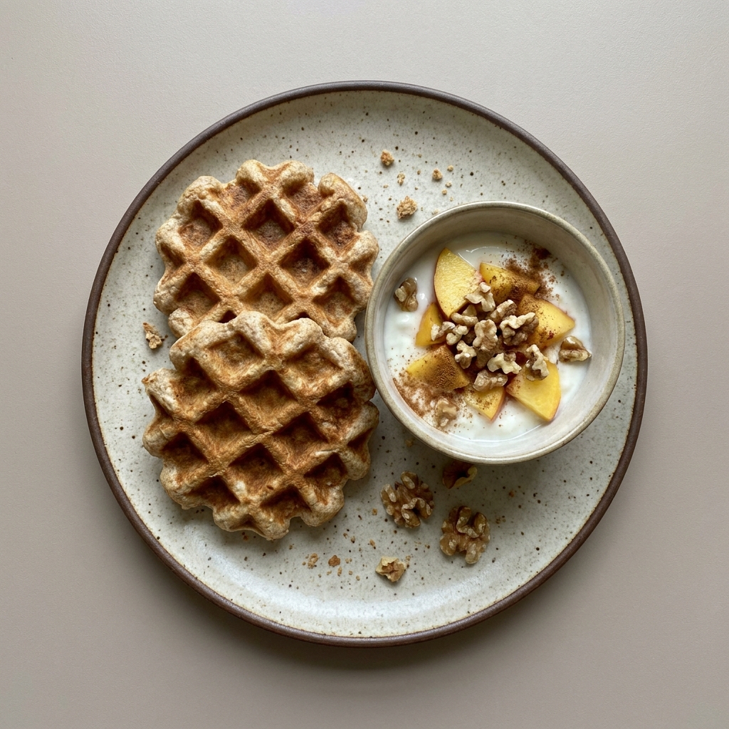 Wafles integrales con bowl de yogurt, durazno y nuez