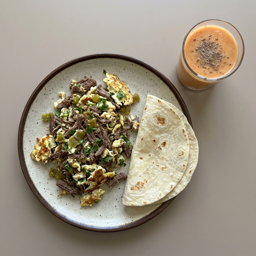 Machaca con claras, tortillas de harina y licuado de papaya con linaza