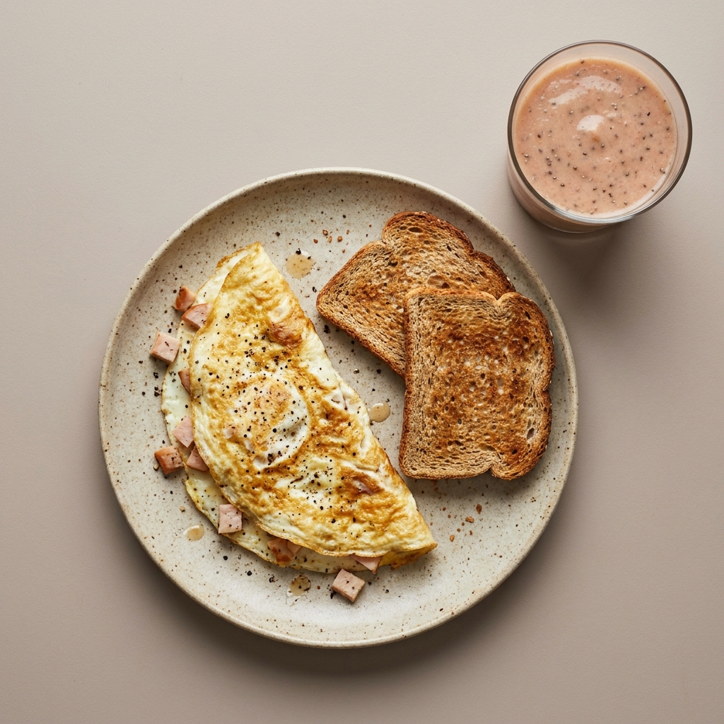 Omelette de claras con pavo y pan tostado, con licuado de guayaba y chía