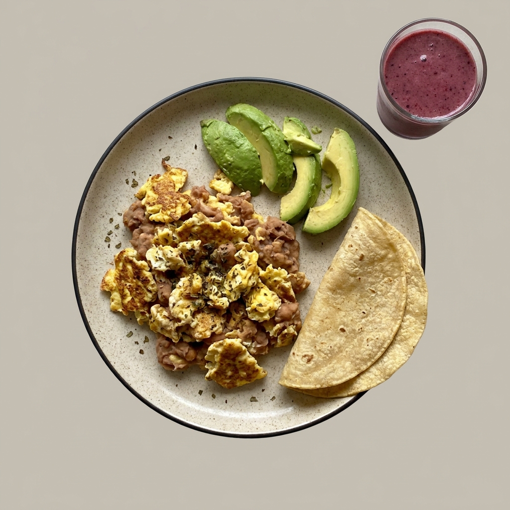 Huevos tirados con frijoles, y licuado de zarzamora