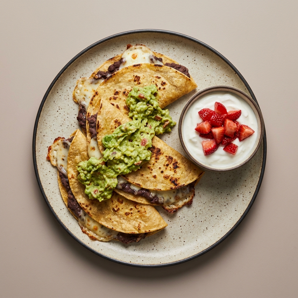Quesadillas de frijol con queso mozzarella y guacamole, con bowl de yogurt griego y fresa