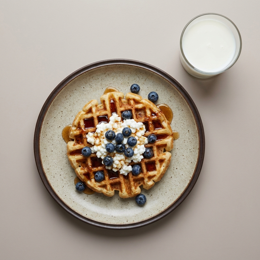 Waffle con queso cottage, arándanos y miel de maple, con vaso de leche
