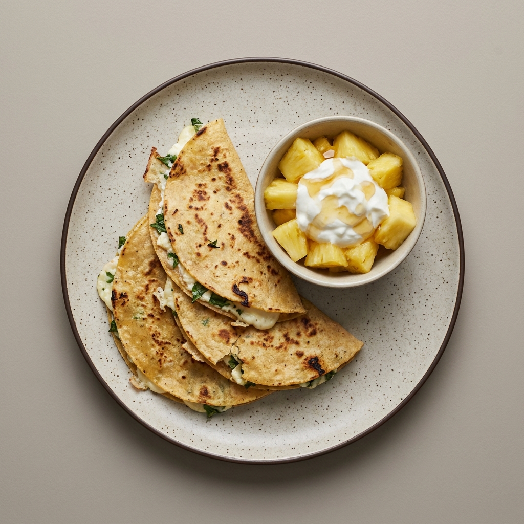 Quesadillas de requesón con bowl de piña, yogurt griego y miel