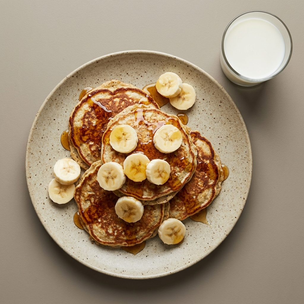 Hotcakes de avena y claras con plátano y miel, con vaso de leche