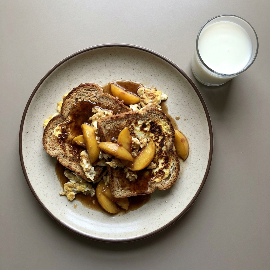 Pan francés de claras con durazno y vaso de leche