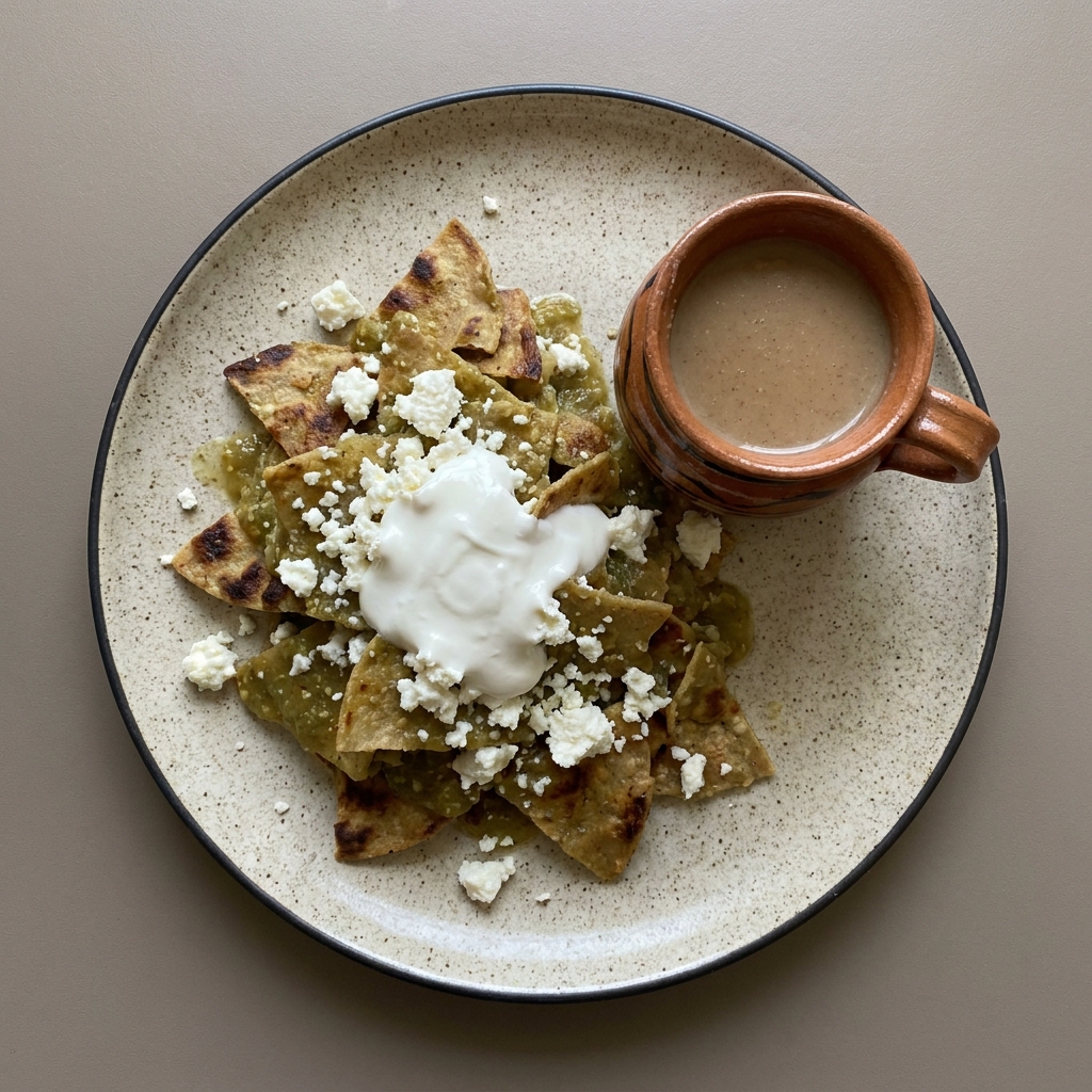 Chilaquiles verdes con requesón y crema, con atole de maíz