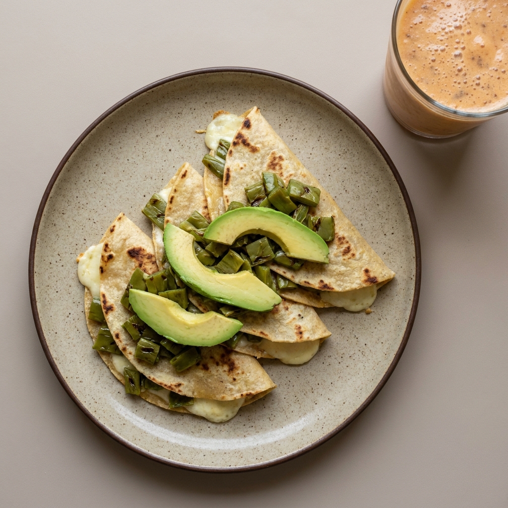 Quesadillas de queso panela con nopales y aguacate, con licuado de papaya y linaza