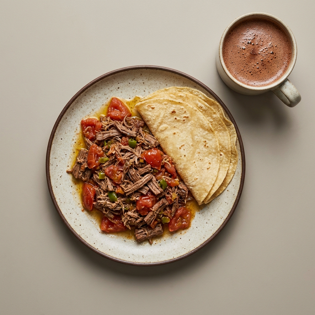 Machaca de res guisada con tortillas de maíz, y chocolate caliente