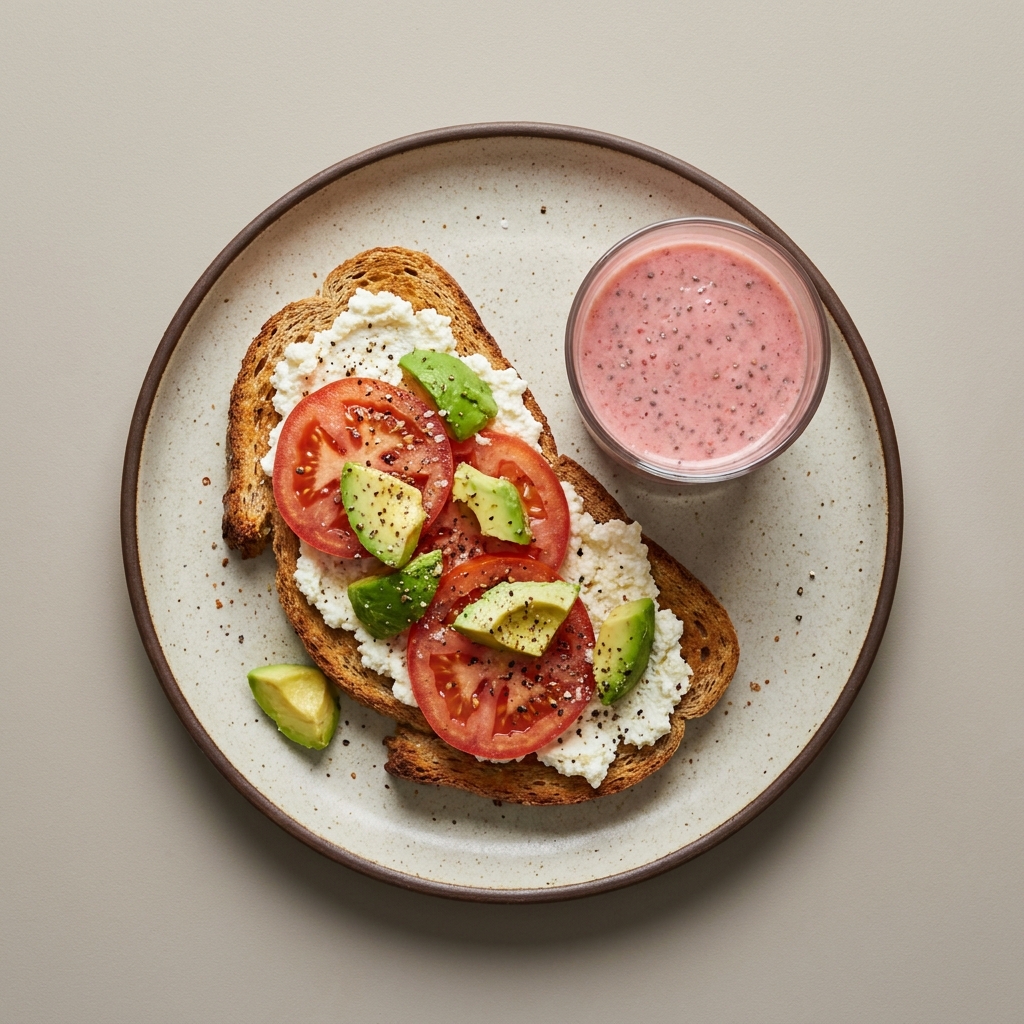 Pan tostado con ricotta y licuado de fresa con chía