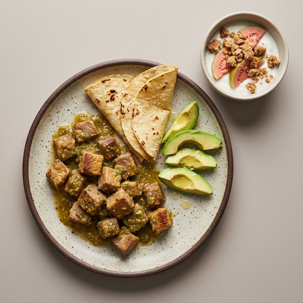 Lengua de res en salsa verde con tortillas y aguacate, con bowl de yogurt, guayaba y barra de granola