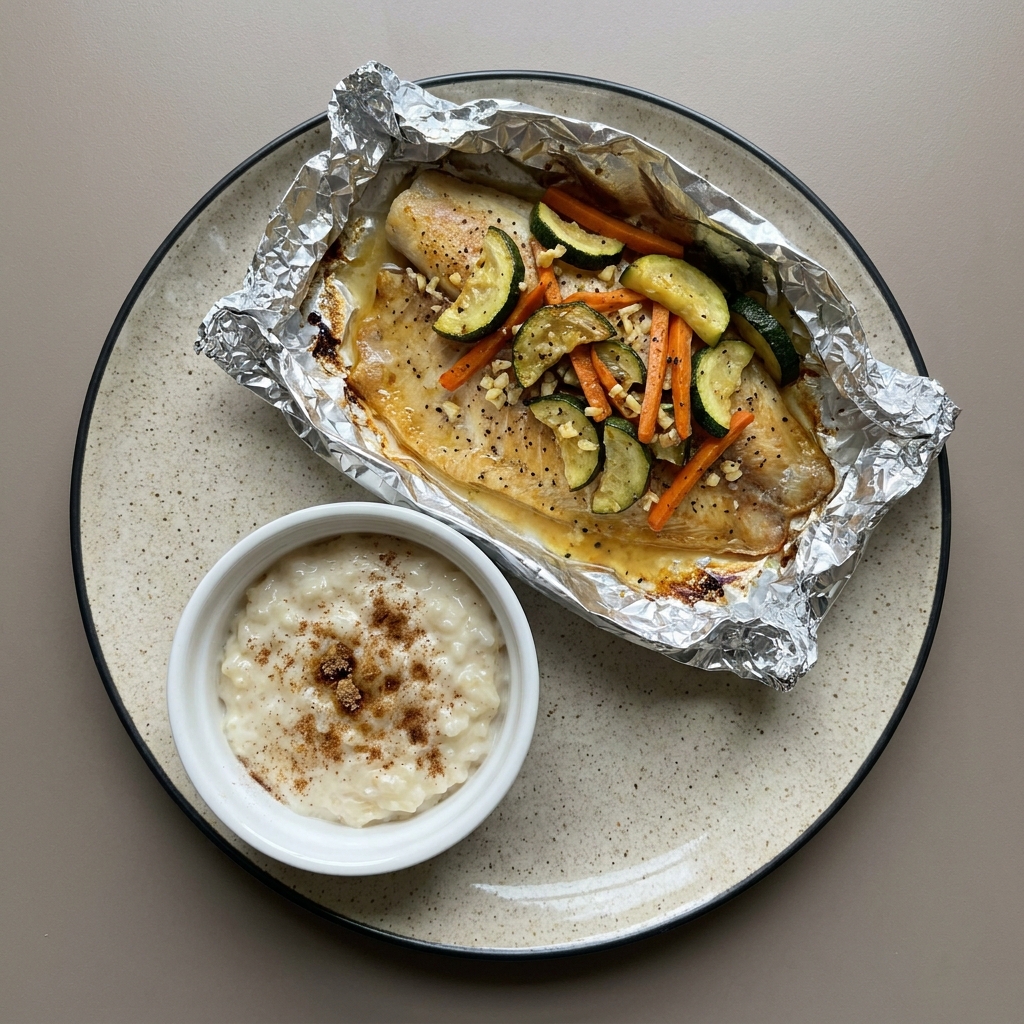 Filete de tilapia empapelado con calabacita y zanahoria, con bowl de arroz con leche