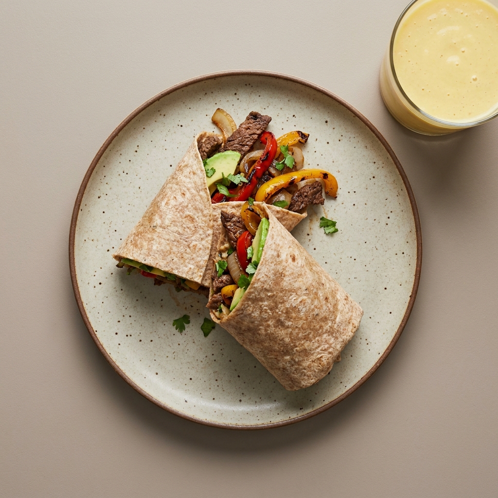 Wrap de bistec con pimientos y aguacate, con licuado de mango y amaranto
