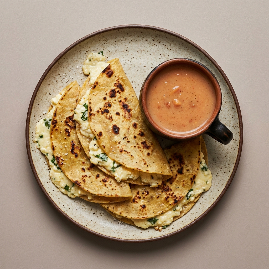 Quesadillas de requesón con atole de guayaba