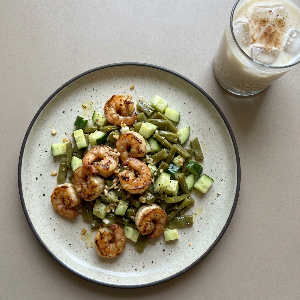 Camarones a la plancha con ensalada de nopal y pepino, con agua de avena y canela