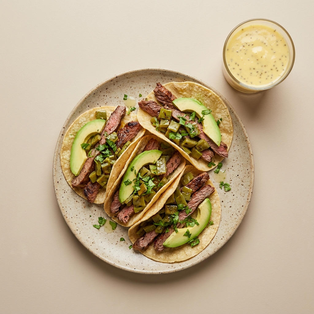 Tacos de arrachera con nopales asados y aguacate, con licuado de mango y chía