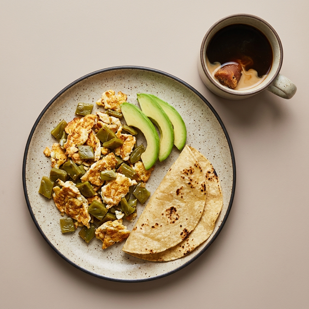 Claras revueltas con nopales, aguacate y tortillas de maíz, con café con leche y piloncillo