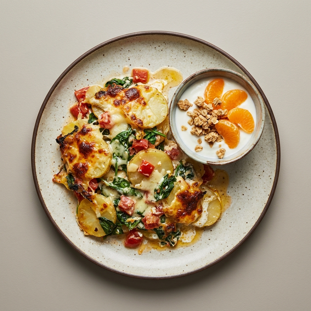 Papas gratinadas al horno con espinaca, jitomate y queso, con bowl de yogurt, mandarina y barra de granola