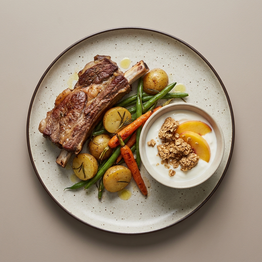 Costilla de res al horno con papas, y verduras al romero, con bowl de yogurt, durazno y barra de avena