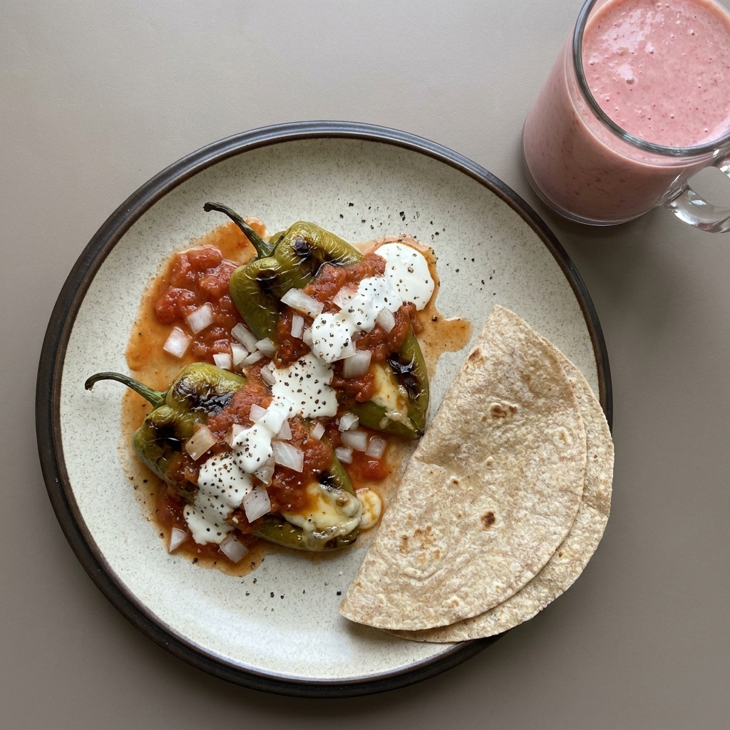 Chiles poblanos rellenos de queso oaxaca al horno con caldillo de jitomate