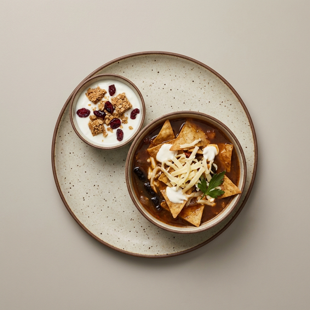 Sopa de tortilla con queso oaxaca y crema, y bowl de yogurt con arándano y barra de avena integral
