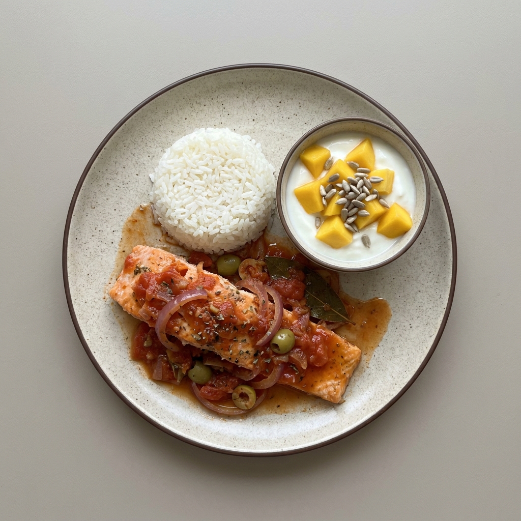 Salmón a la veracruzana con arroz y bowl de yogurt con mango y semillas de girasol