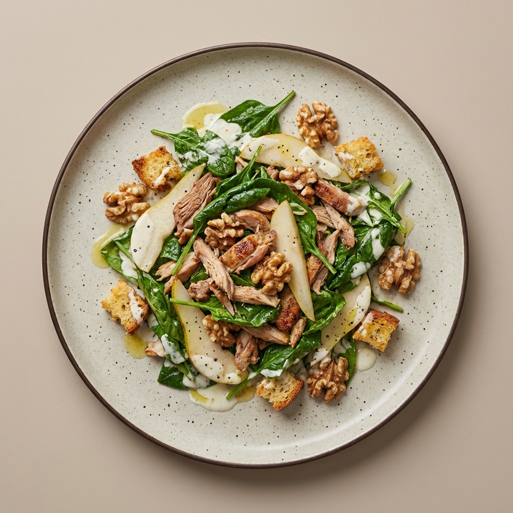 Ensalada de espinaca con pollo, pera, nuez y croutones, con aderezo de jocoque