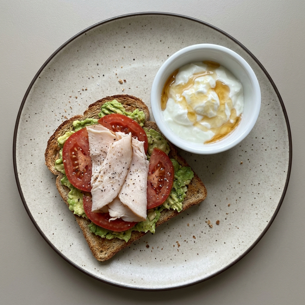 Pan integral tostado con aguacate, jitomate y pechuga de pavo, con bowl de yogurt con miel