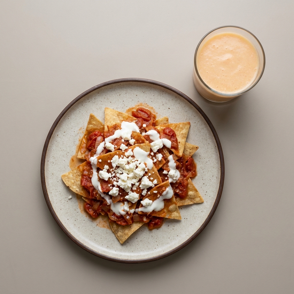 Chilaquiles rojos con queso fresco y crema, con licuado de melón y almendra