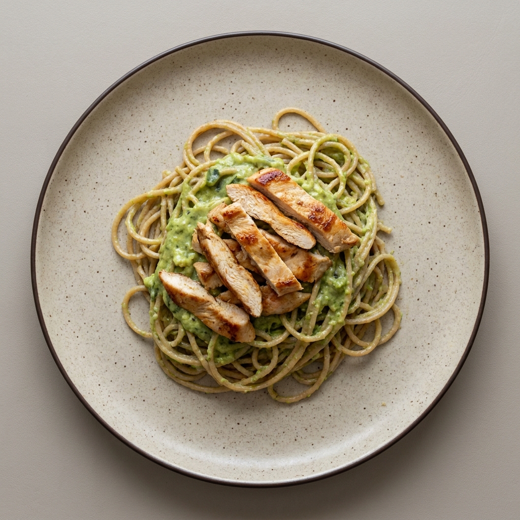 Espagueti verde con pechuga a la plancha