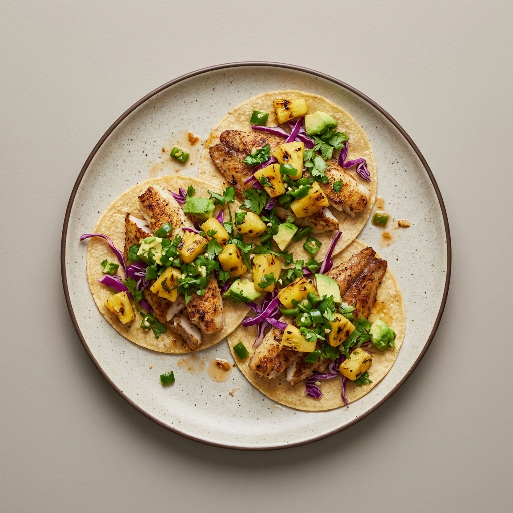 Tacos de tilapia con salsa de piña, col morada y aguacate