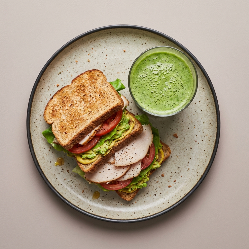 Sándwich de pavo y aguacate con licuado verde con piña