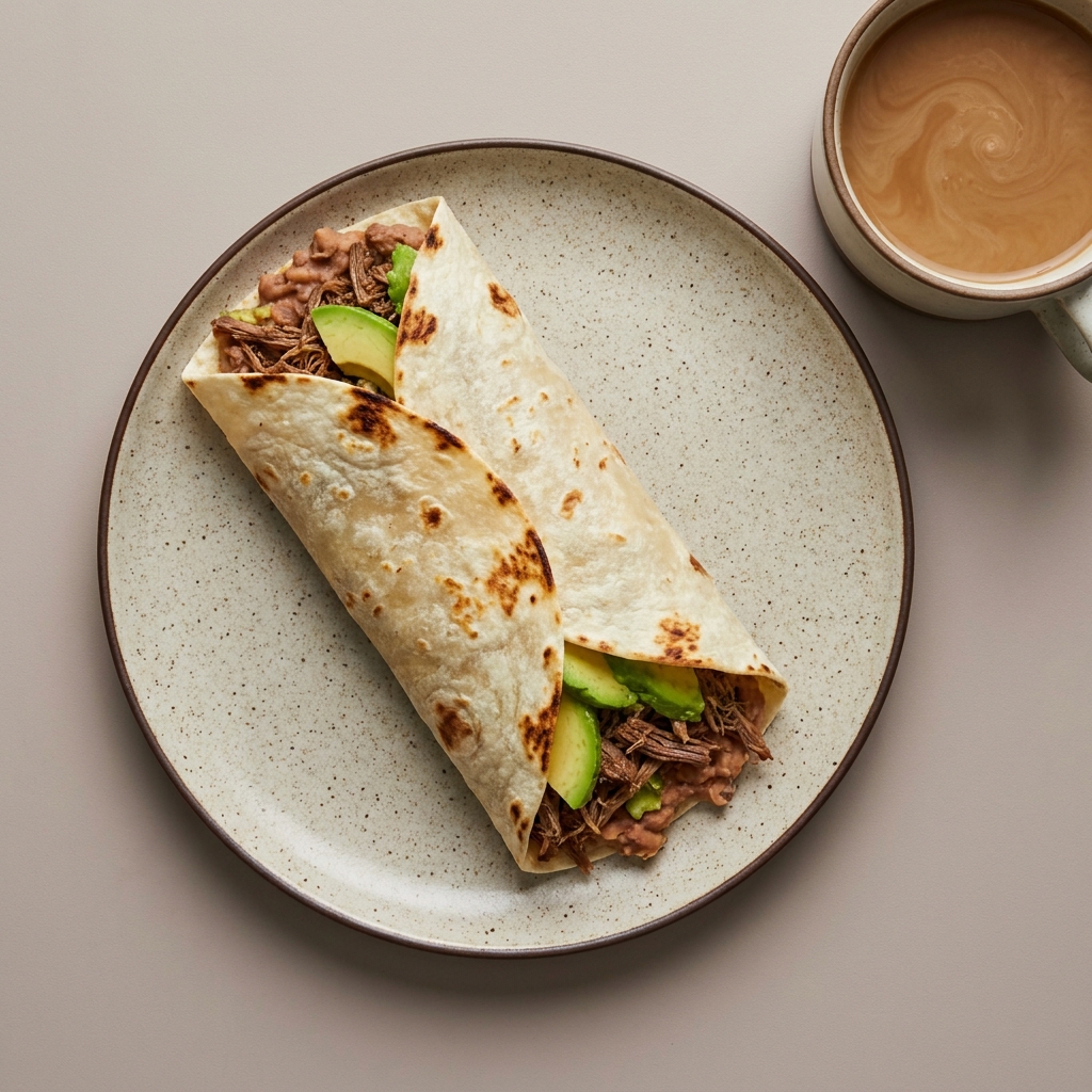 Burrito de machaca con frijoles, y café con leche