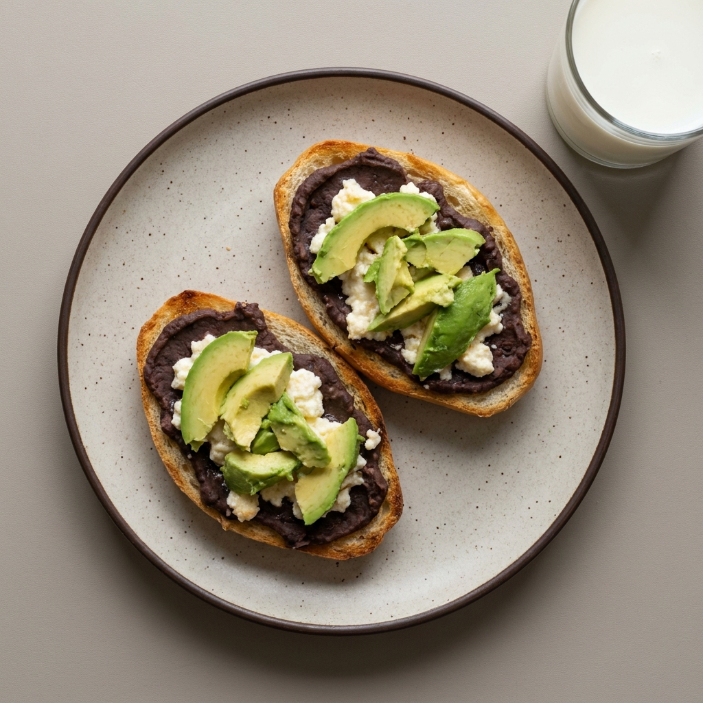 Molletes de frijol y requesón con aguacate y vaso de leche