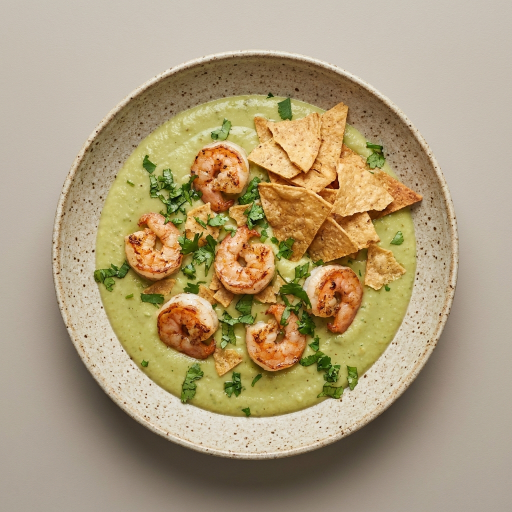 Crema de habas con camarones y totopos horneados