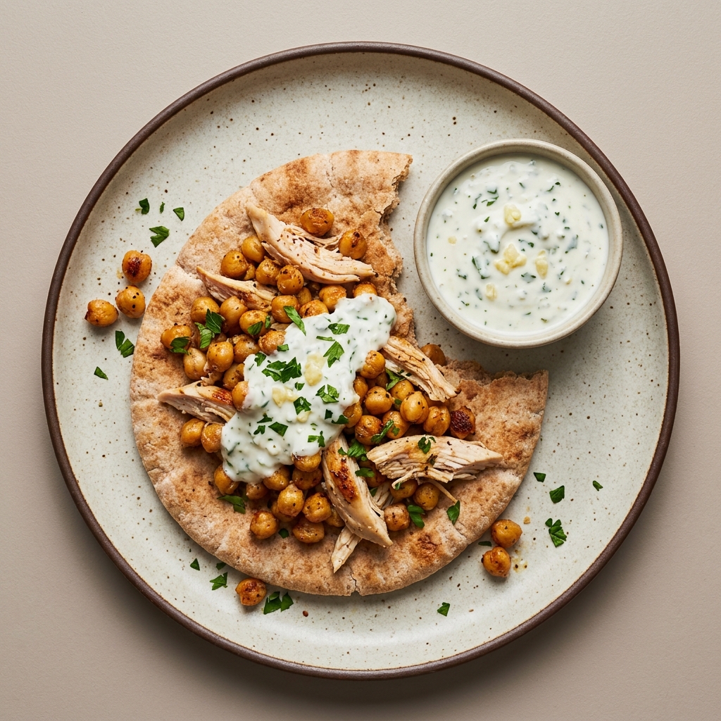Pan árabe con garbanzo y pollo deshebrado, con aderezo de yogurt con ajo