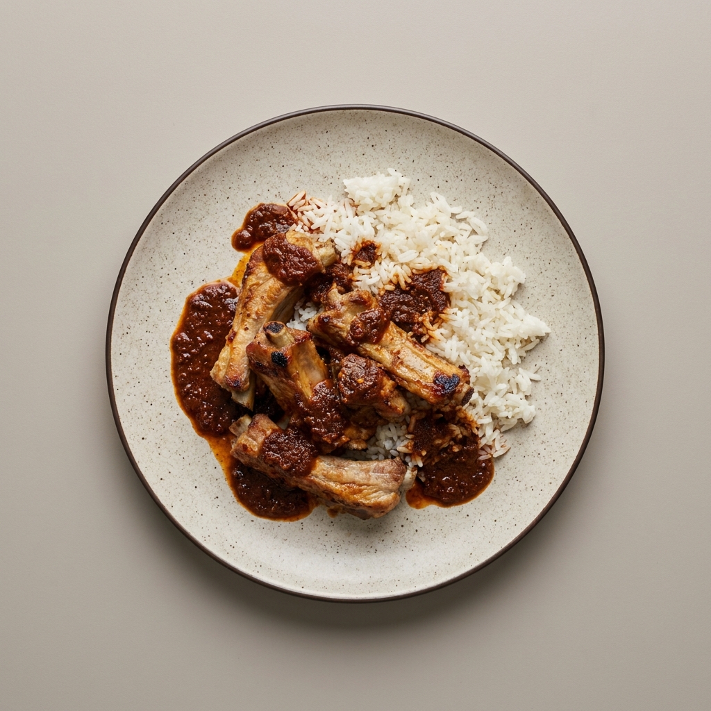 Costillas de cerdo en adobo de chile ancho con arroz